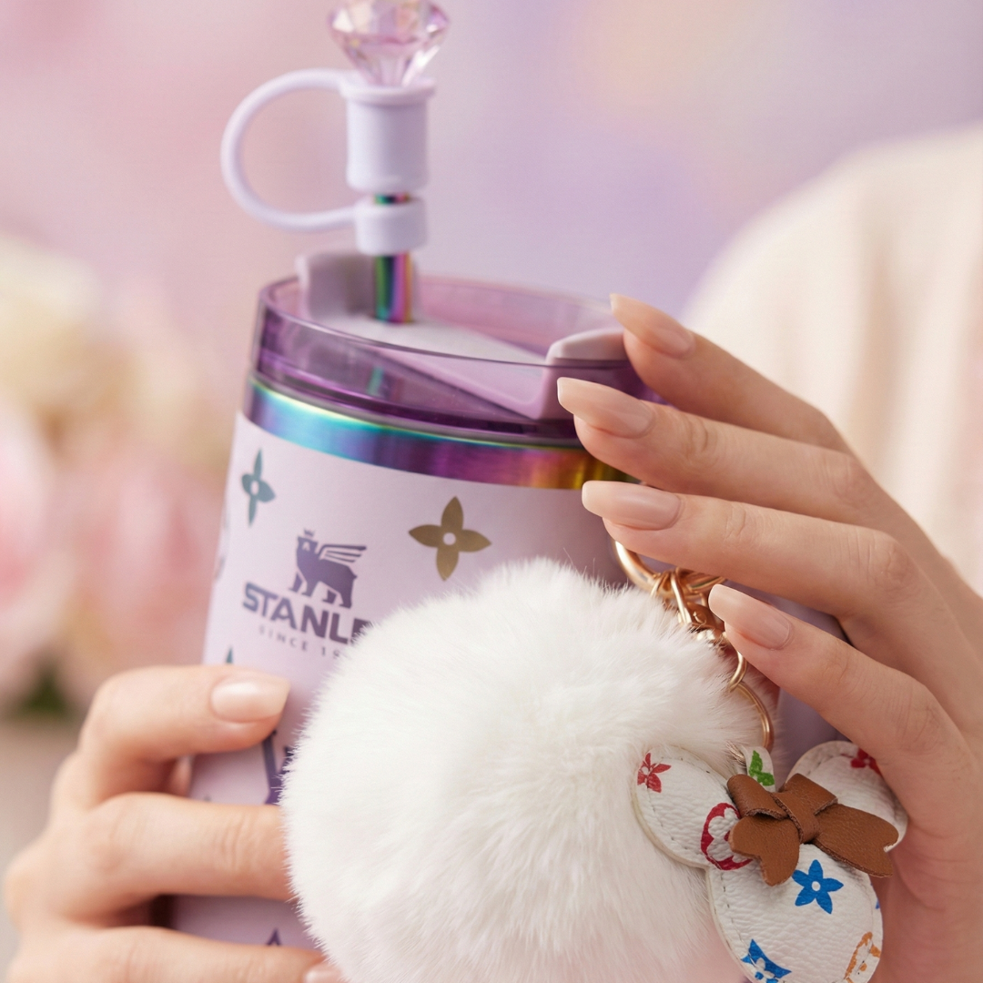 40oz Luxury-Inspired Quencher Tumbler + Luxury Keychain + Gem Straw Topper – Lilac