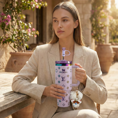 40oz Luxury-Inspired Quencher Tumbler + Luxury Keychain + Gem Straw Topper – Lilac