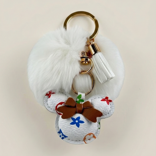 White Fluffy Pom Pom Keychain with Multicolor LV